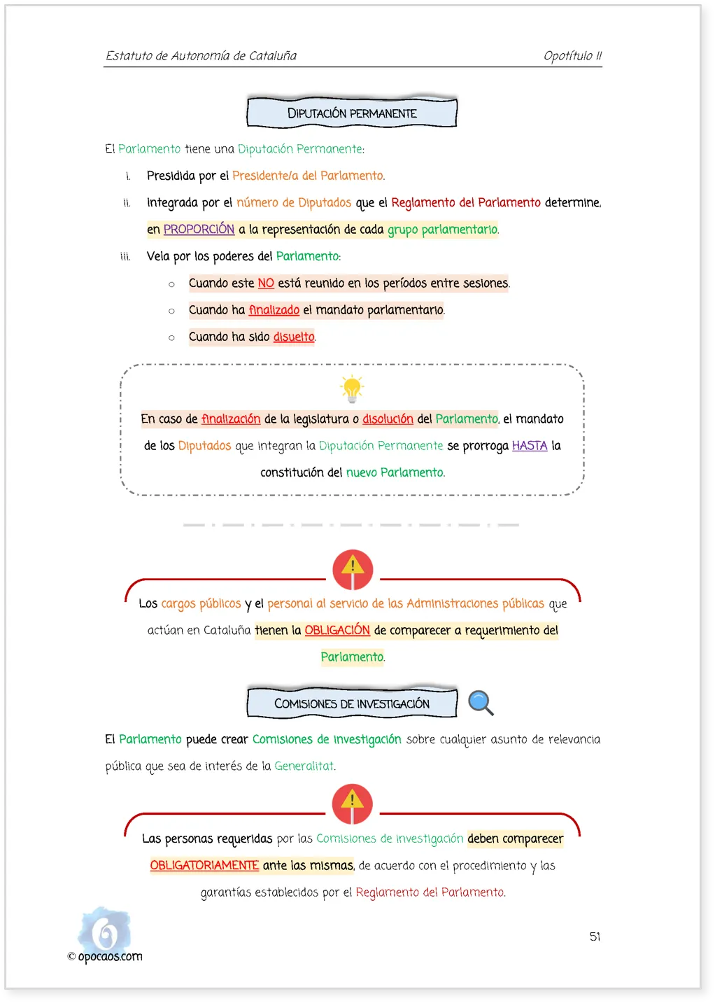 Imagen de muestra de una página subrayada de la Opoley Estatuto de Cataluña