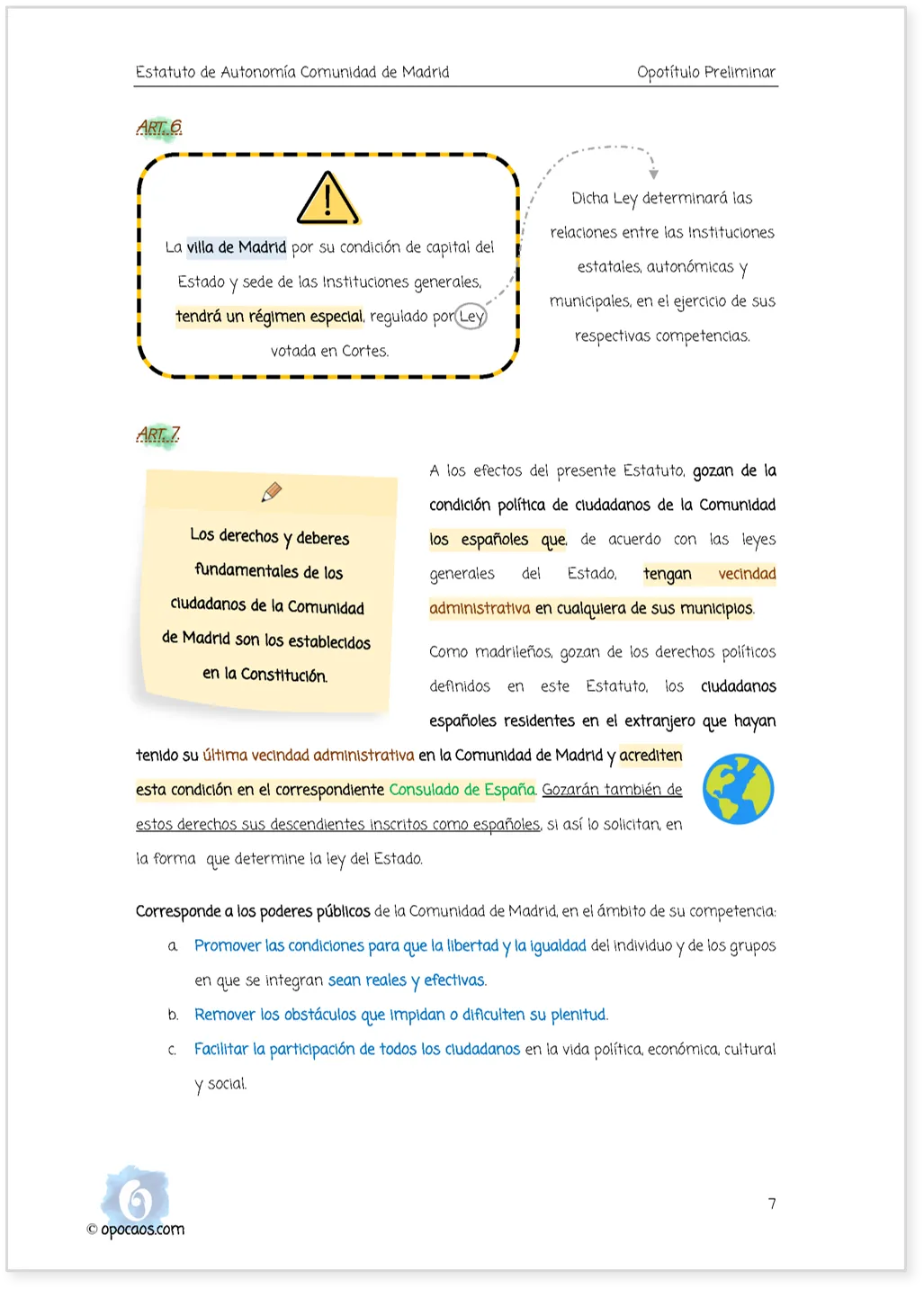 Imagen de muestra de una página subrayada de la Opoley Estatuto de la Comunidad de Madrid
