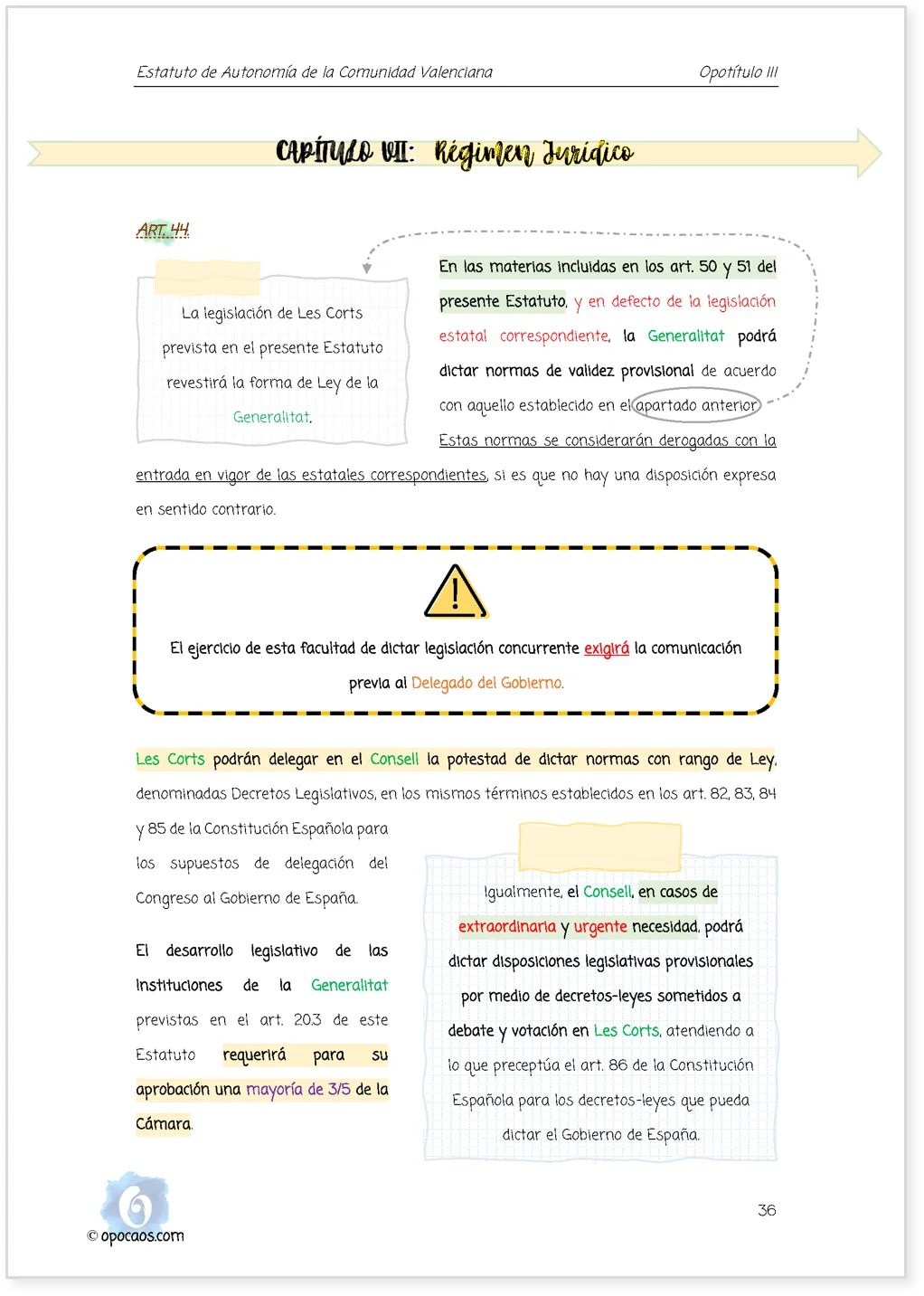 Imagen de muestra de una página subrayada de la Opoley Estatuto de la Comunidad Valenciana