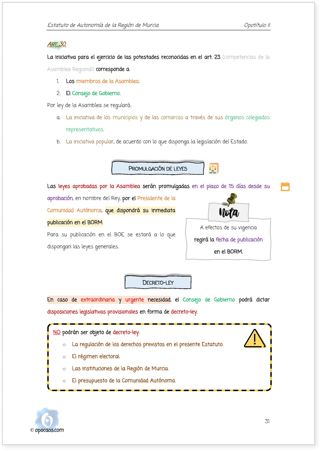 Imagen de muestra de una página de la Opoley Estatuto de la Región de Murcia