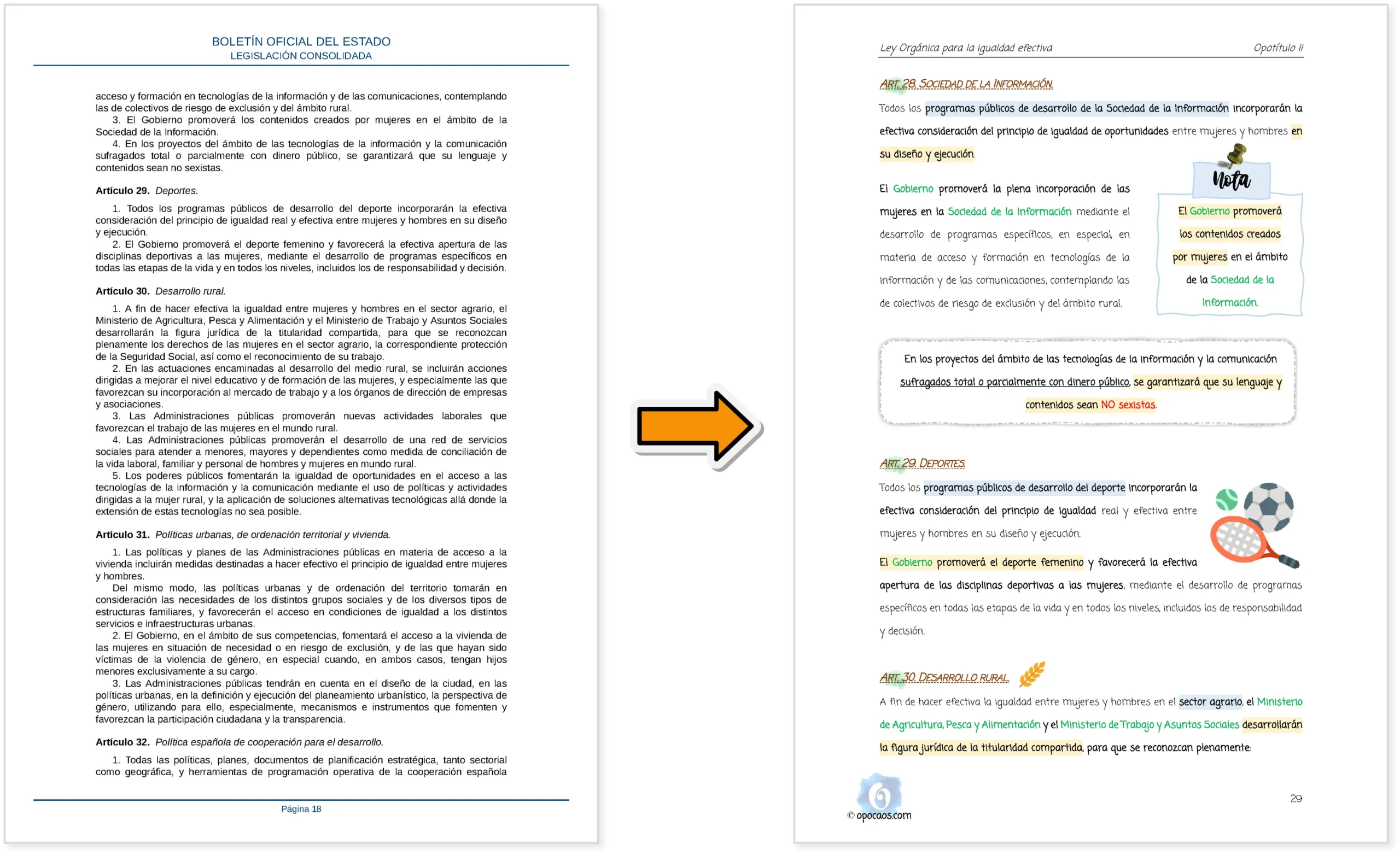 Imagen comparativa entre el BOE y la Opoley Igualdad