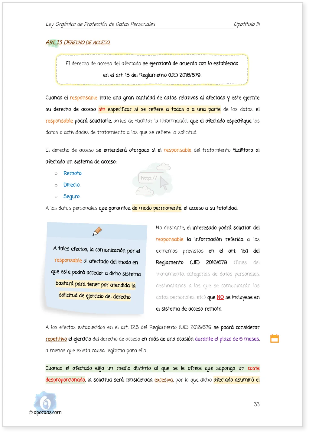 Imagen de muestra de una página subrayada de la Opoley LOPD